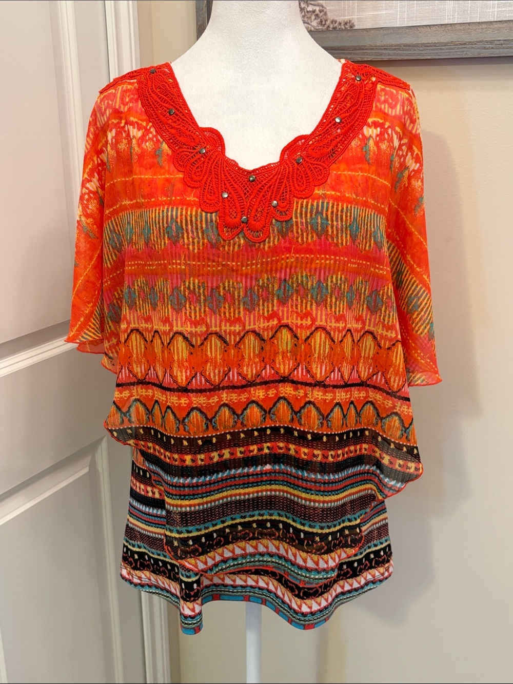 Multiples Orange Multicolor Embellished V-Neck Tunic Medium